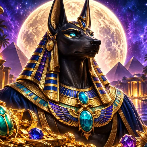 Anubis' Moon pokie cover art with Egyptian gods and pyramids under a glowing moon