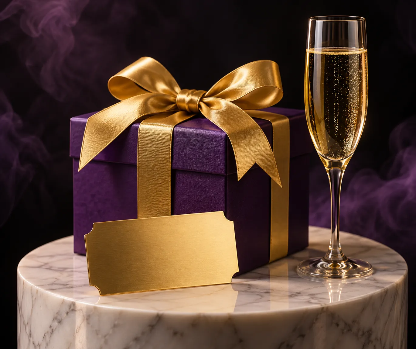 Gift box and entry ticket lit on a pedestal, marking the Tuesday reload