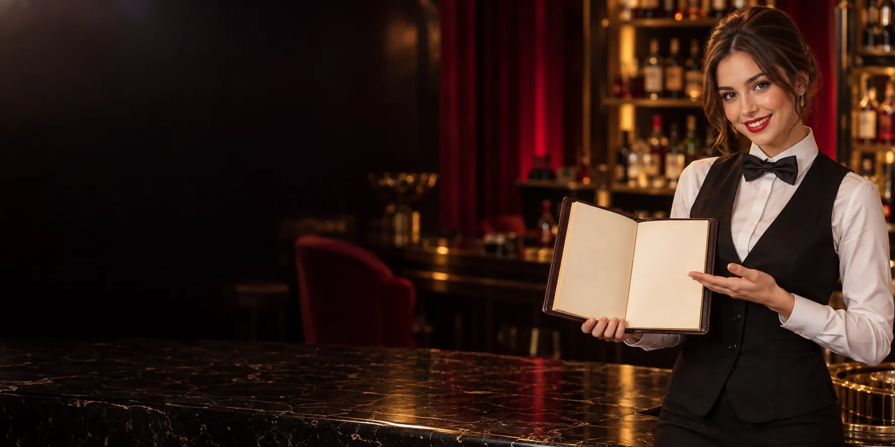 Croupier holding an open guidebook at a members club bar
