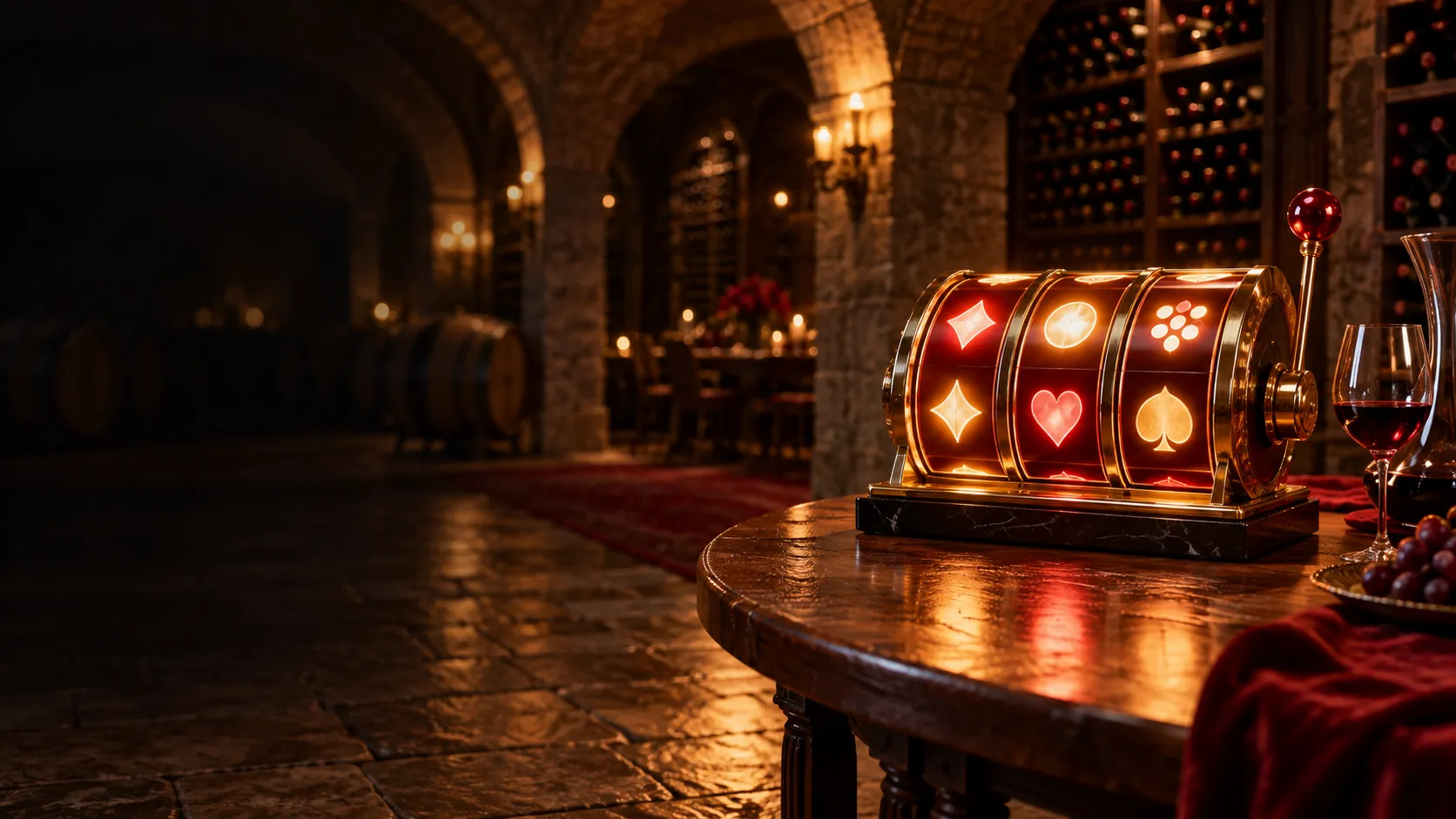 Glowing slot reels lit up on a tasting table inside a vaulted wine cellar