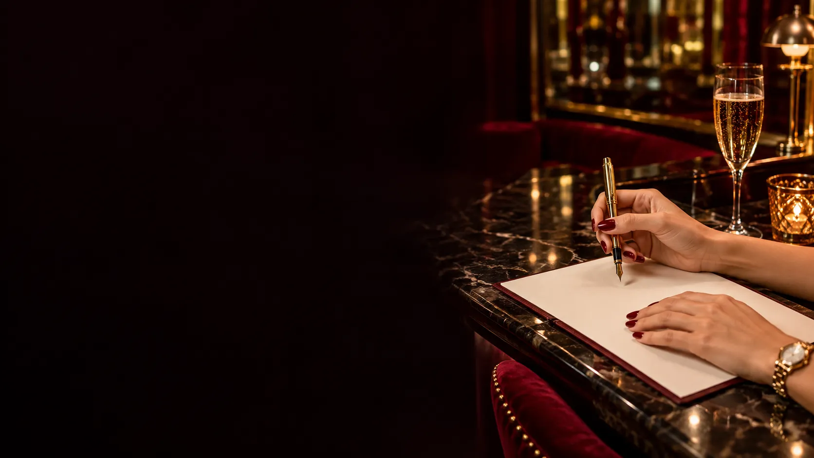 Hands holding a fountain pen above a page at a mirrored champagne bar