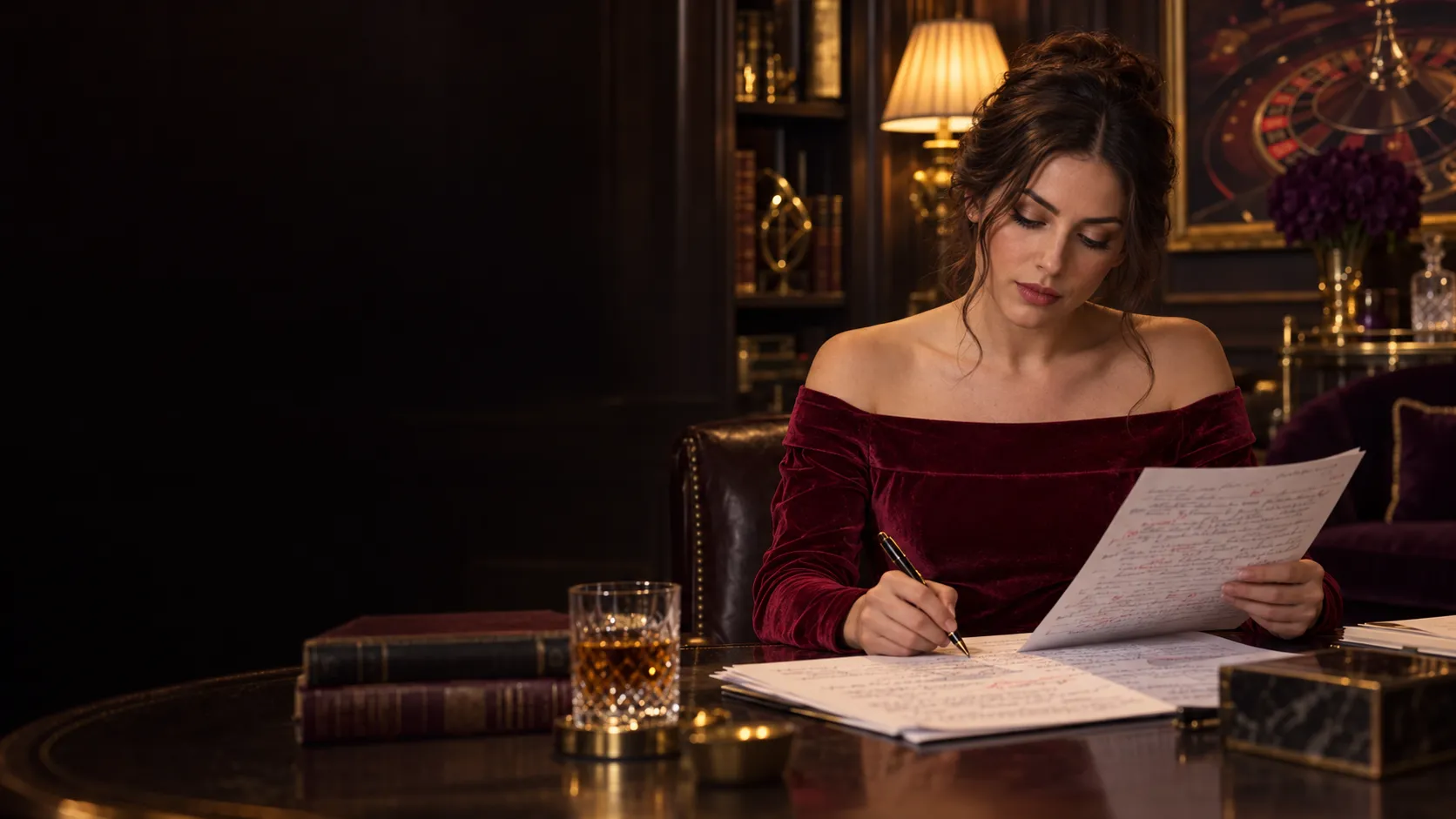 Woman reviewing an annotated manuscript in a cigar lounge