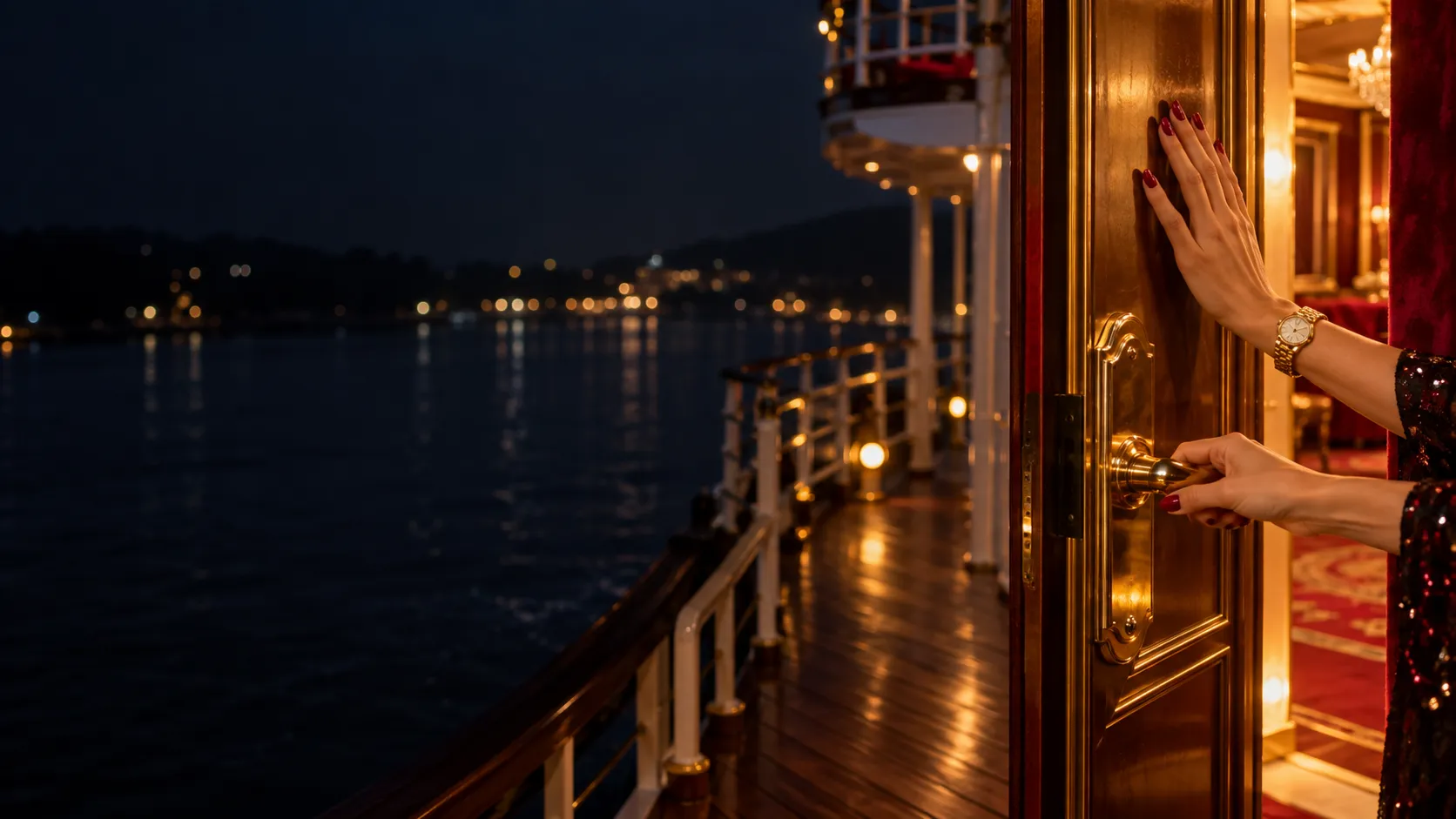 Hands opening a glowing VIP room door on a riverboat deck, symbolising the check before you step into Here2Win Casino