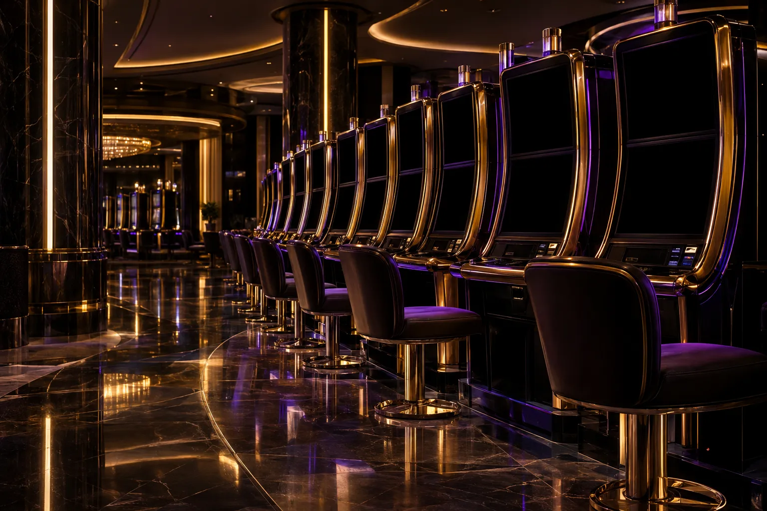 Rows of lit slot cabinets on a casino floor