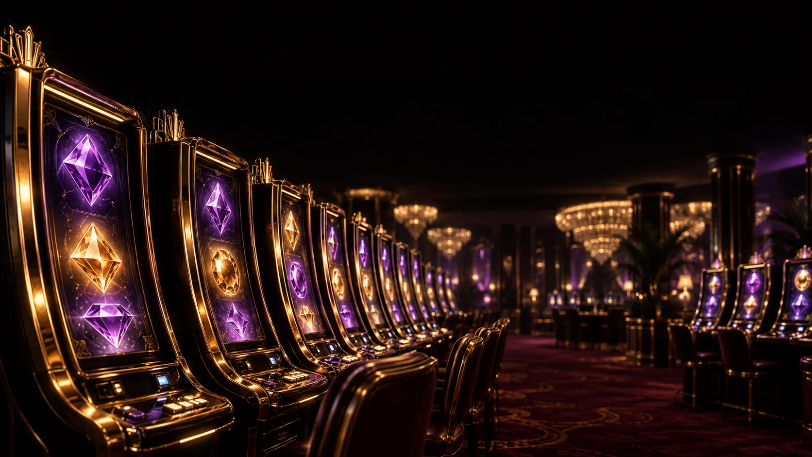 A row of glowing slot machine cabinets in soft bokeh light