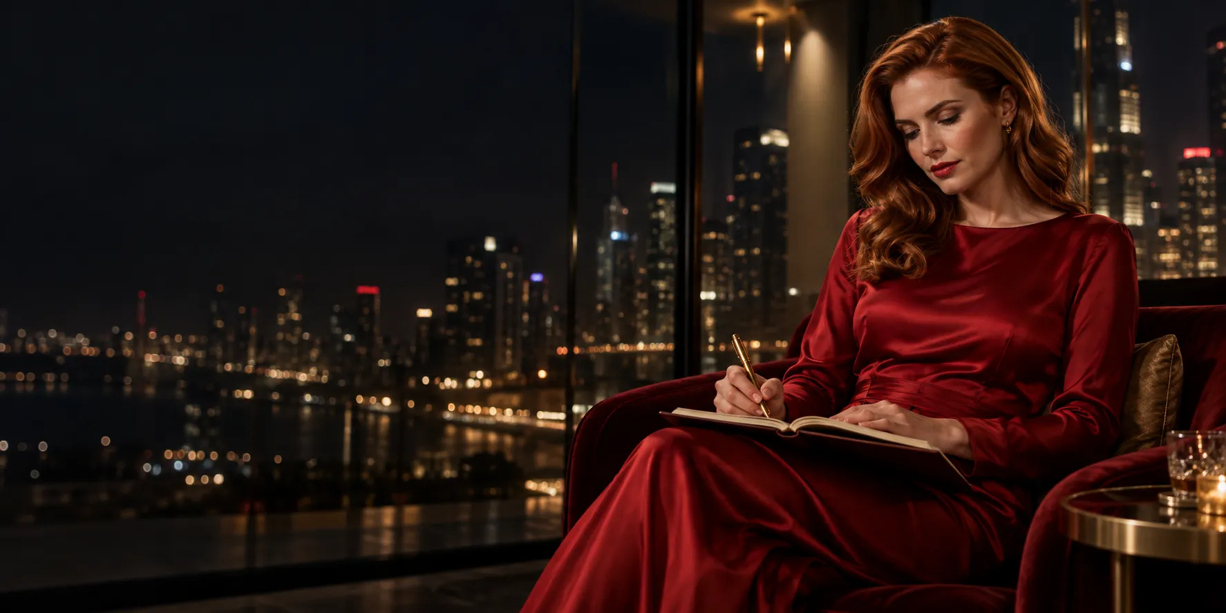 Woman annotating casino review notes in a glass lounge above a city skyline